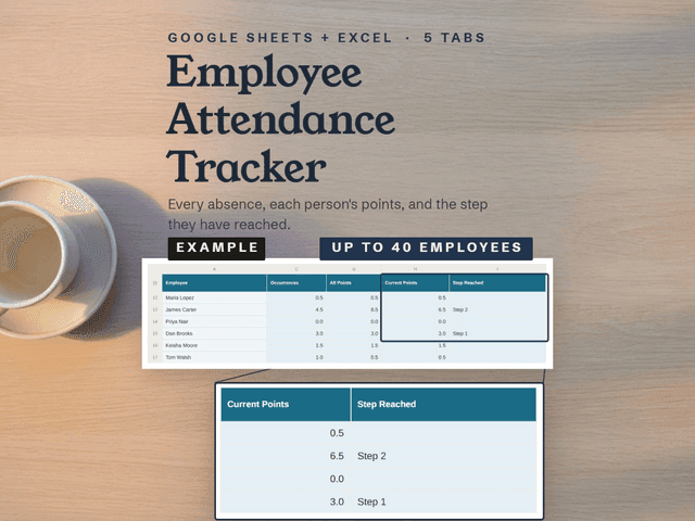 The Employee Attendance Tracker, shown as it appears in its Etsy listing.