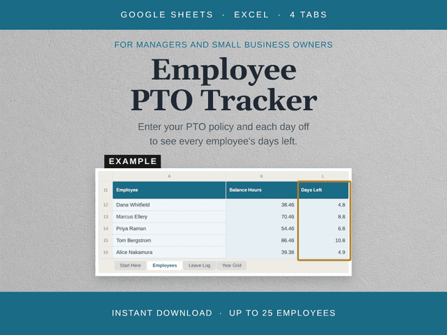 The Employee PTO Tracker, shown as it appears in its Etsy listing.