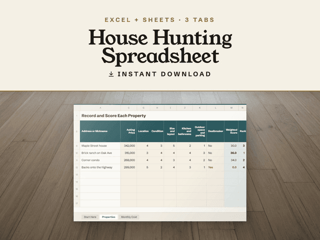 The House Hunting Spreadsheet, shown as it appears in its Etsy listing.