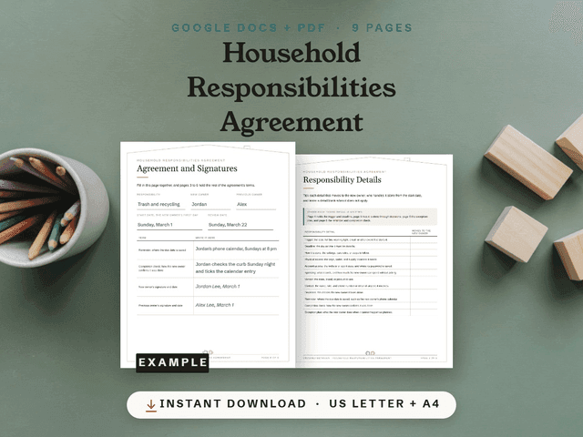 The Household Responsibilities Agreement, shown as it appears in its Etsy listing.