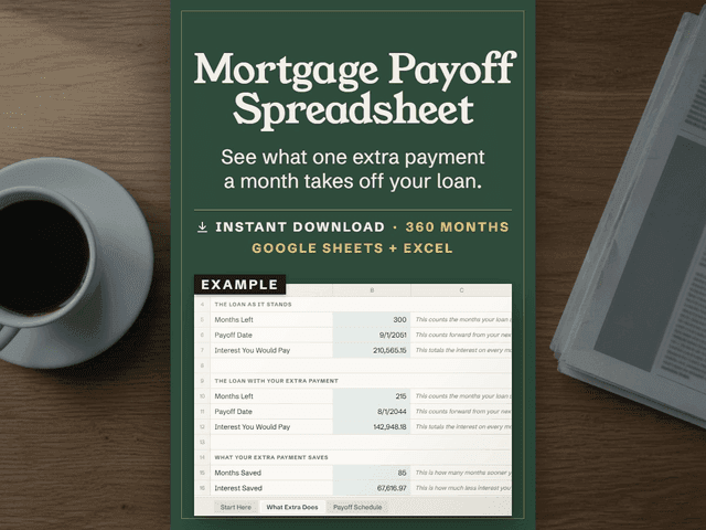 The Mortgage Payoff Spreadsheet, shown as it appears in its Etsy listing.