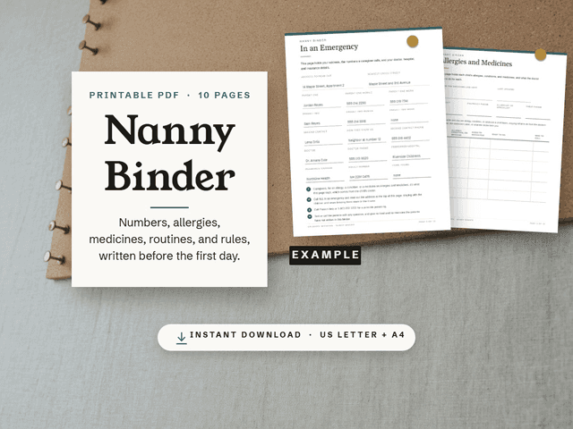 The Nanny Binder, shown as it appears in its Etsy listing.