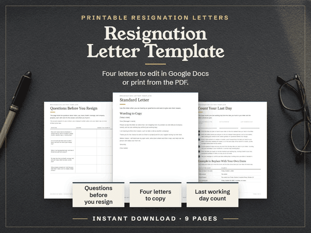 The Resignation Letter Template, shown as it appears in its Etsy listing.