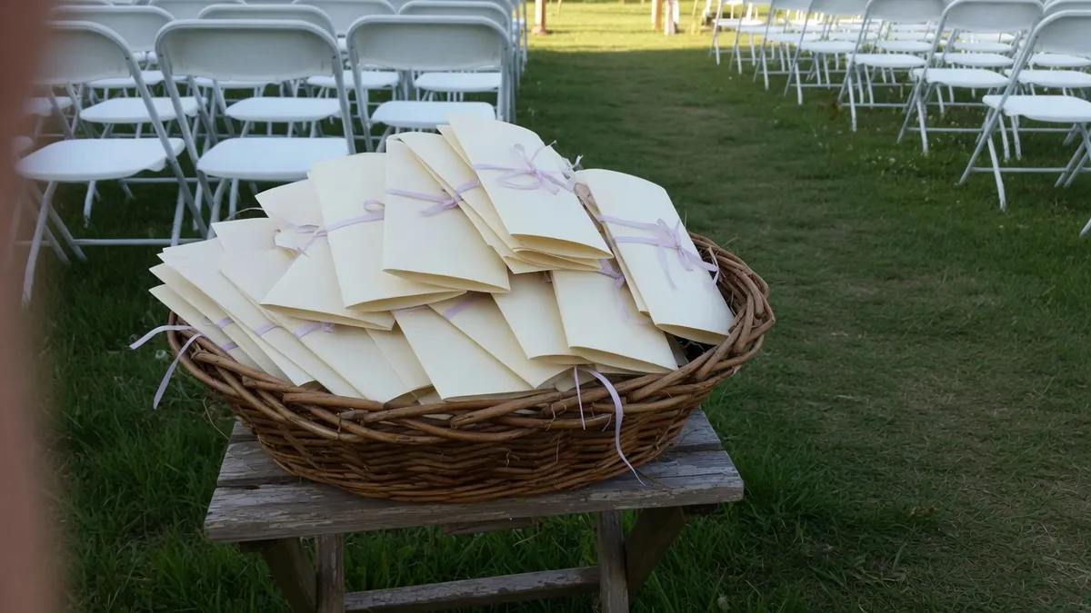 A wicker basket heaped with folded cream ceremony programs tied with ribbon, set on a wooden stand beside rows of white chairs and the open aisle