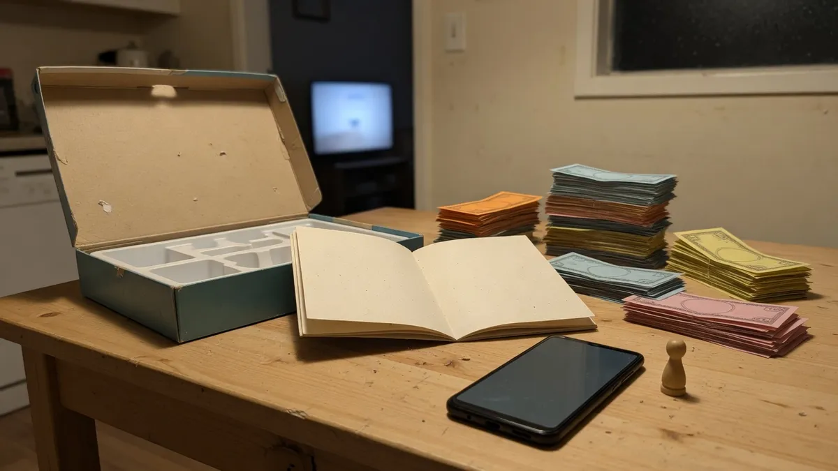 Kitchen table at night with an open board game box, an open rulebook, stacks of play money, a phone and one playing piece