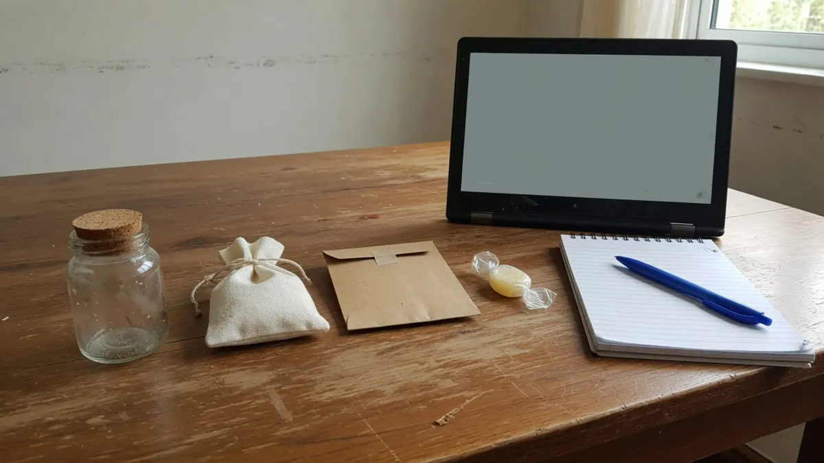 Corked glass jar, fabric pouch, kraft packet, and wrapped candy in a row on a wooden table beside an open laptop with a blank screen and a lined notepad with a pen