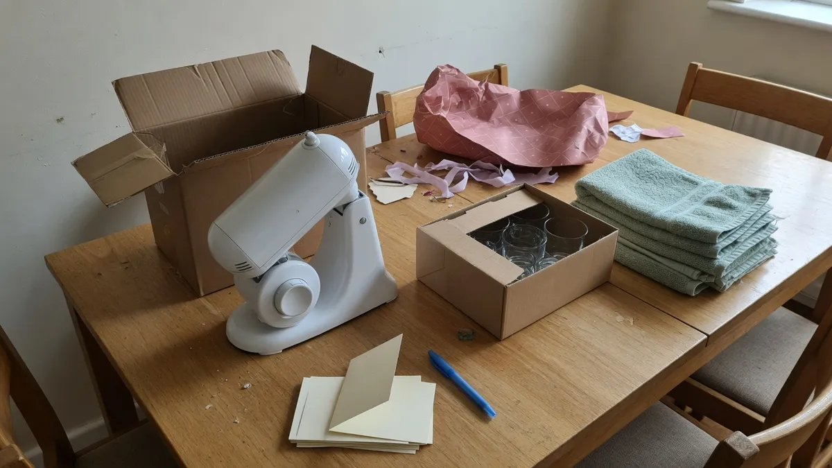 Unwrapped wedding gifts on a dining table, a stand mixer, boxed glasses and folded towels, with a pile of blank folded cards and a pen at the front edge