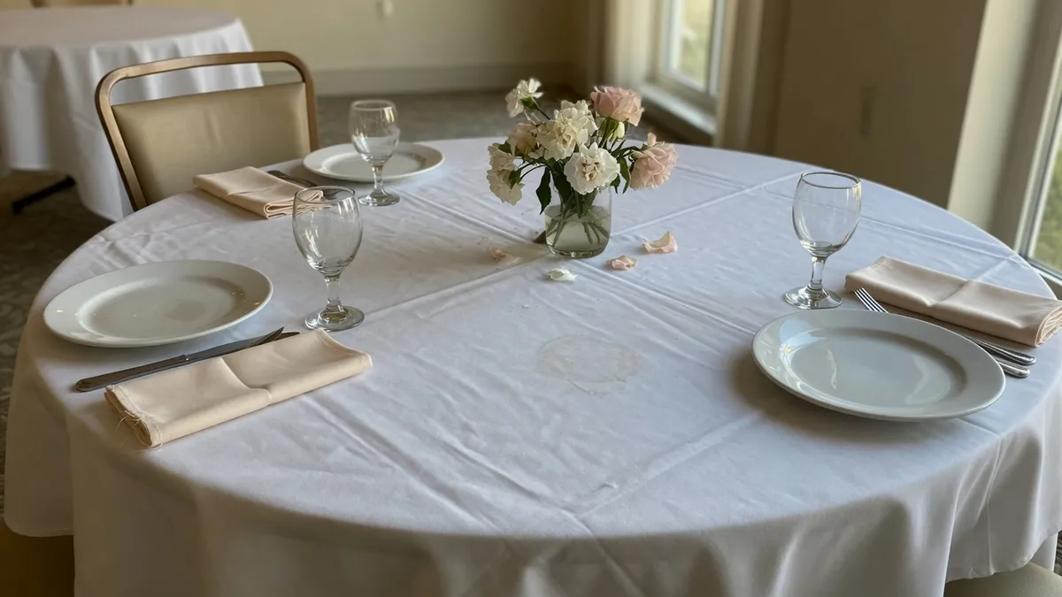 A round reception table with complete place settings on either side of one bare stretch of tablecloth where a setting should be